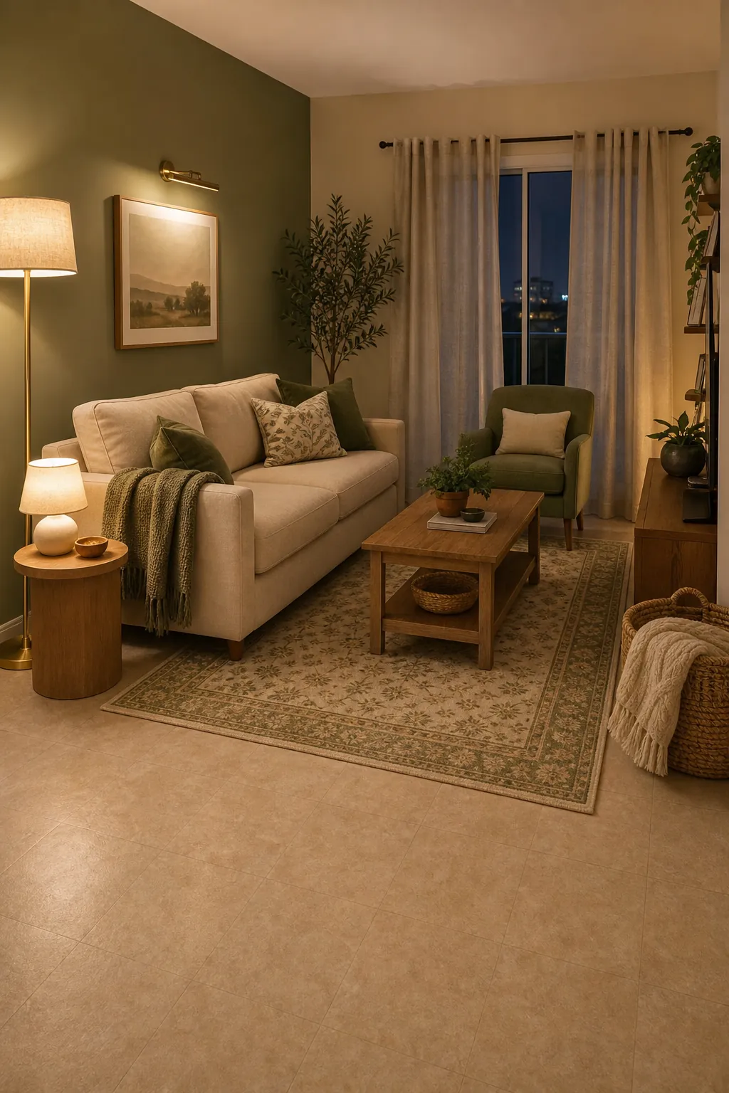 Small green and beige room with beige floors, layered lighting, and renter friendly styling