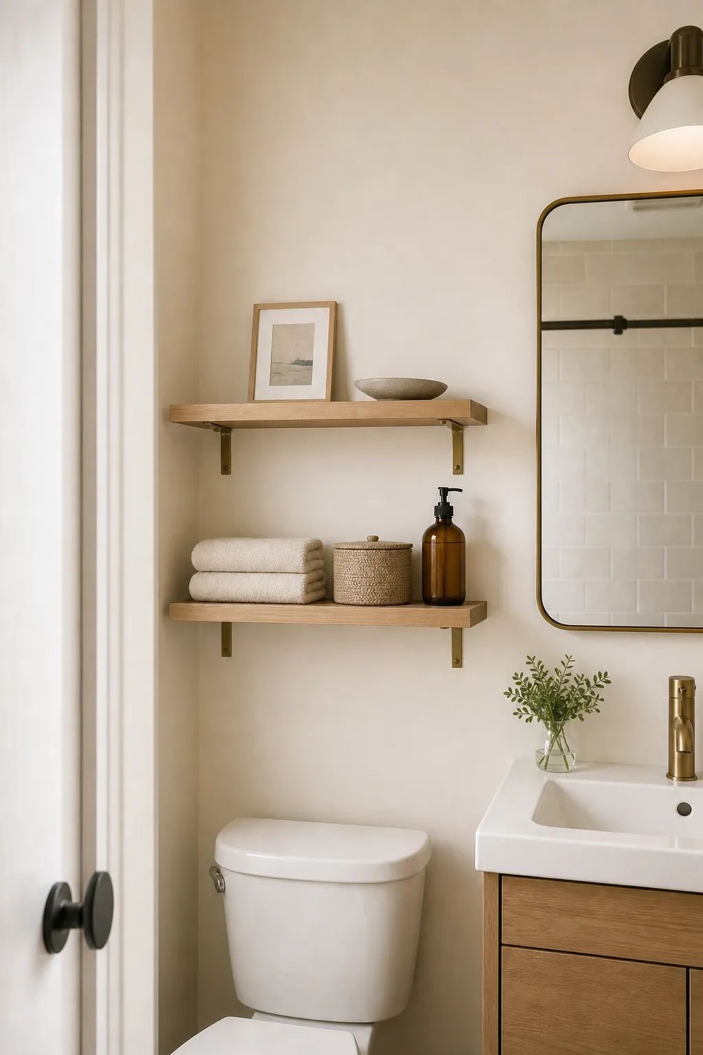 Small bathroom shelves styled with folded towels, closed containers, and uncluttered wall space
