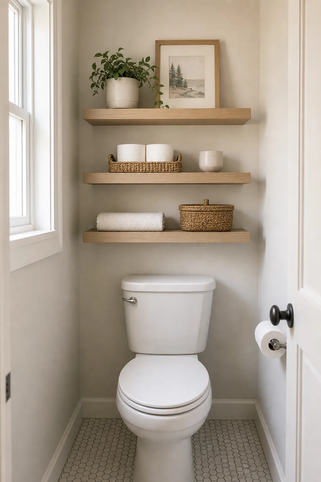 Over toilet floating bathroom shelves styled with baskets, towels, and open space in a small bathroom