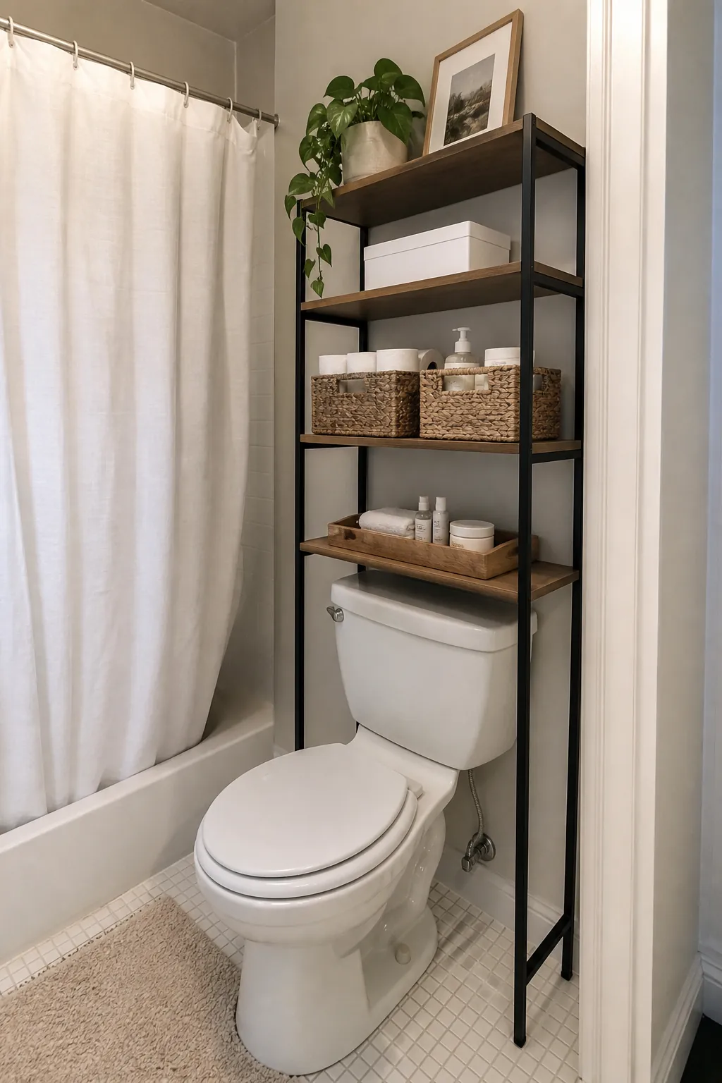 Over toilet storage with woven baskets in a small renter friendly bathroom