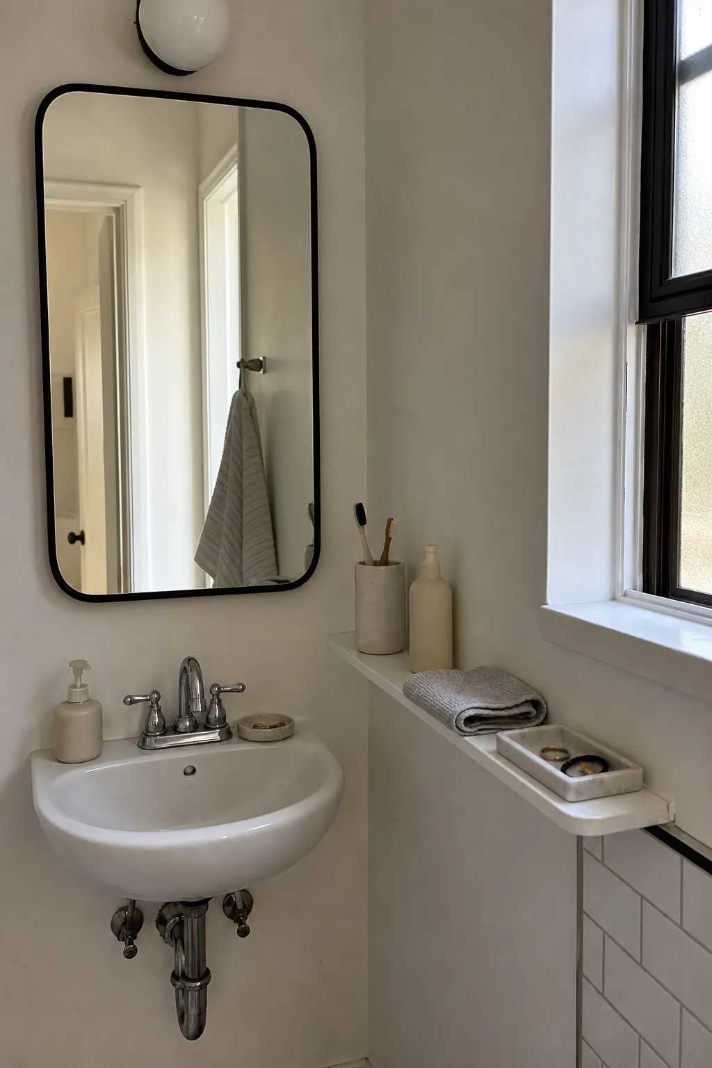Tiny bathroom storage with daily essentials organized on a shallow wall shelf and hooks