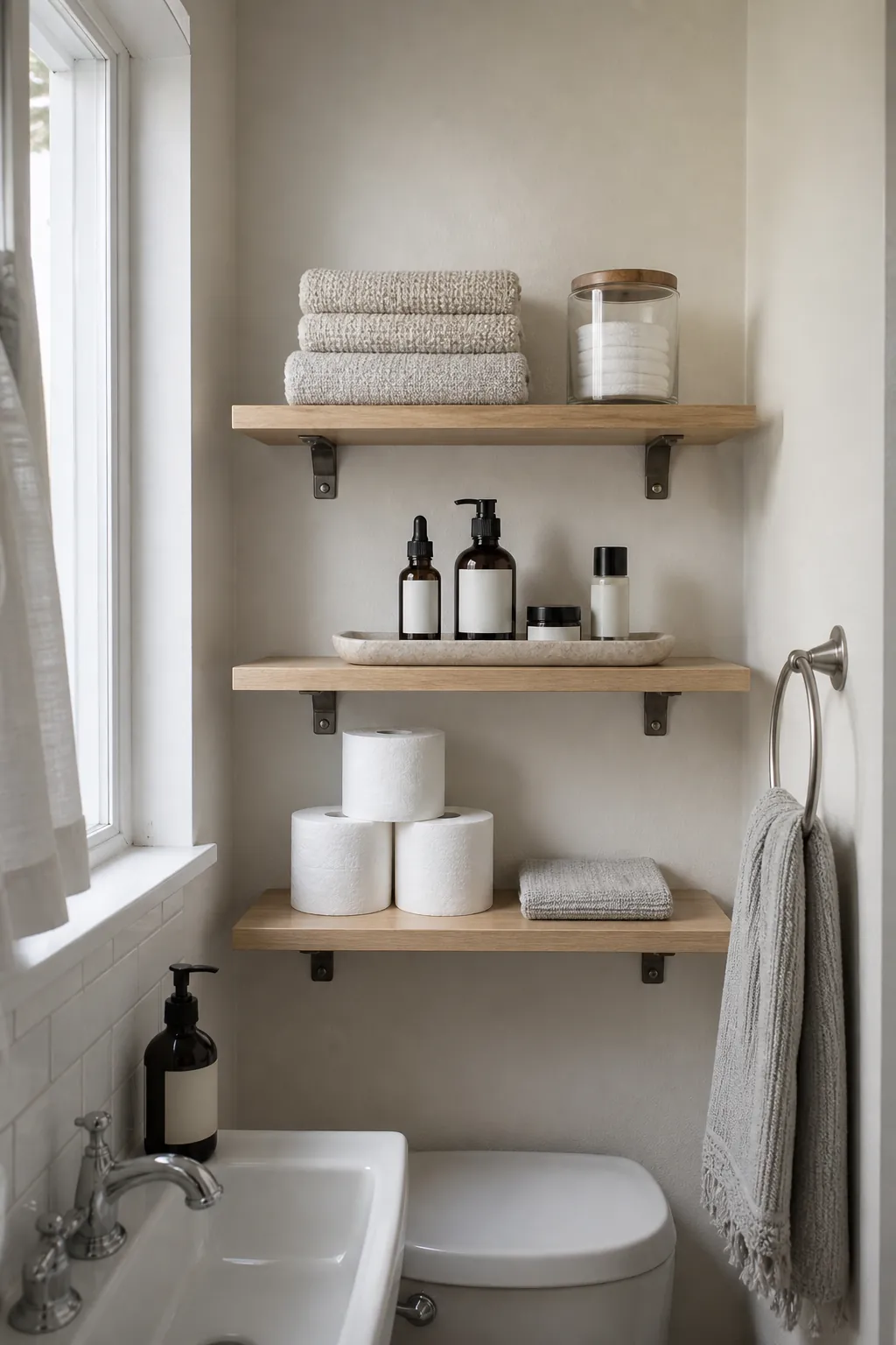 Light over toilet storage shelves with baskets and towels in a tiny bathroom