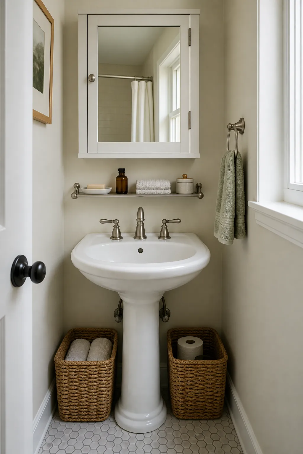 Small bathroom wall storage with a medicine cabinet and slim rail shelf above a pedestal sink