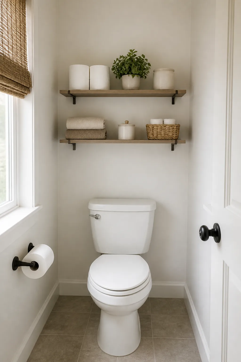 Shallow sink shelf organizing toiletries in a tiny bathroom with no vanity cabinet