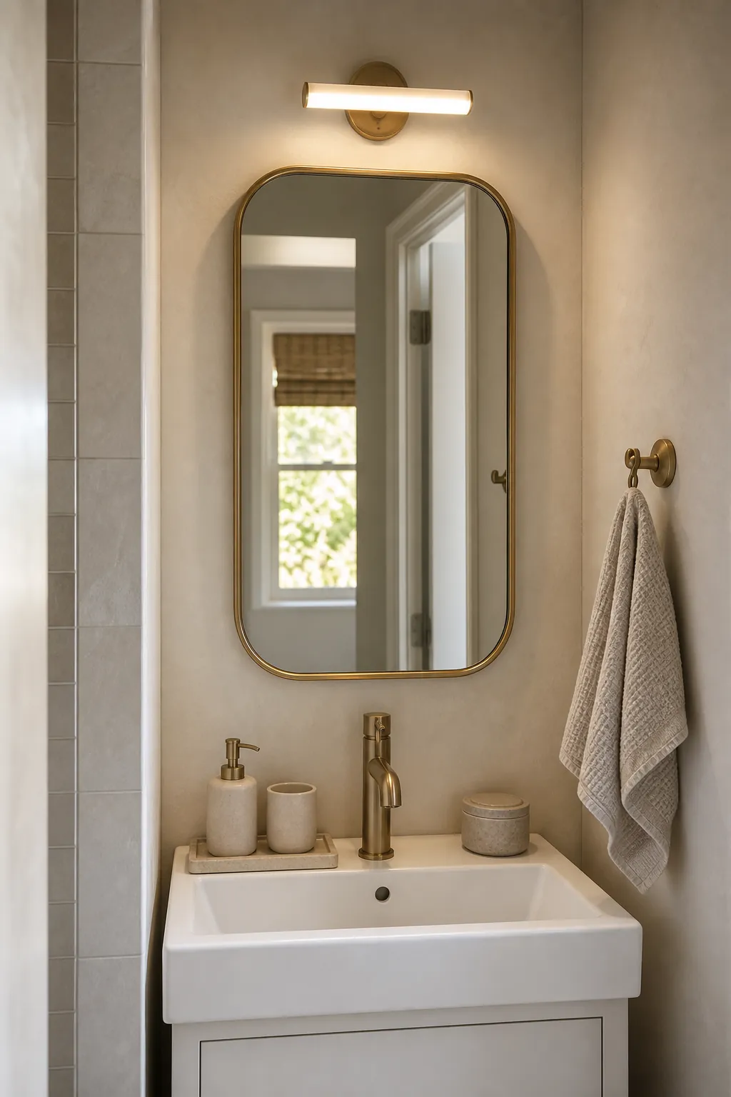 Tiny bathroom sink zone styled with a slim mirror, tray, towel, and warm modern finishes