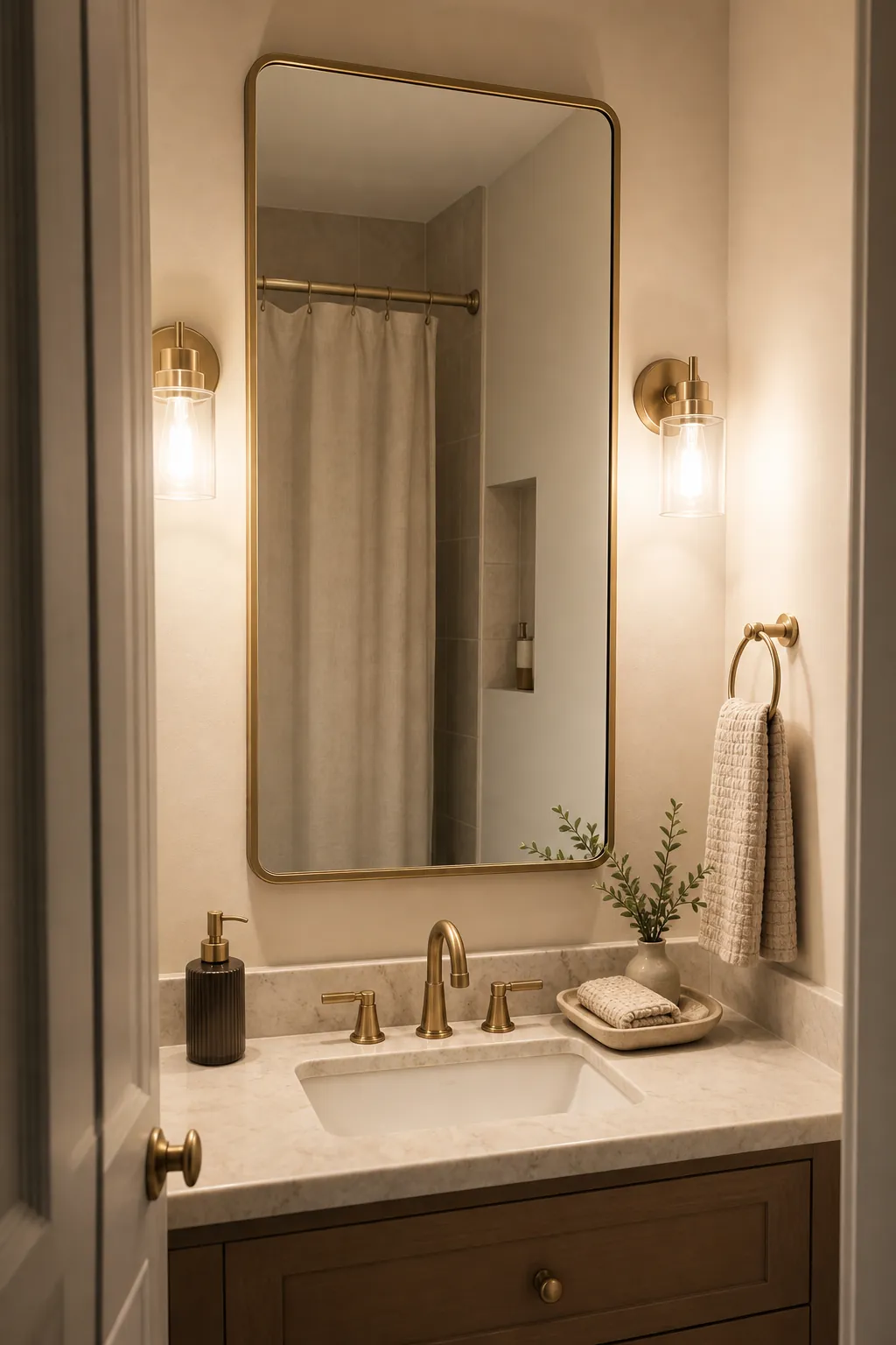 Tiny bathroom mirror and compact vanity lighting upgrade with bright balanced light