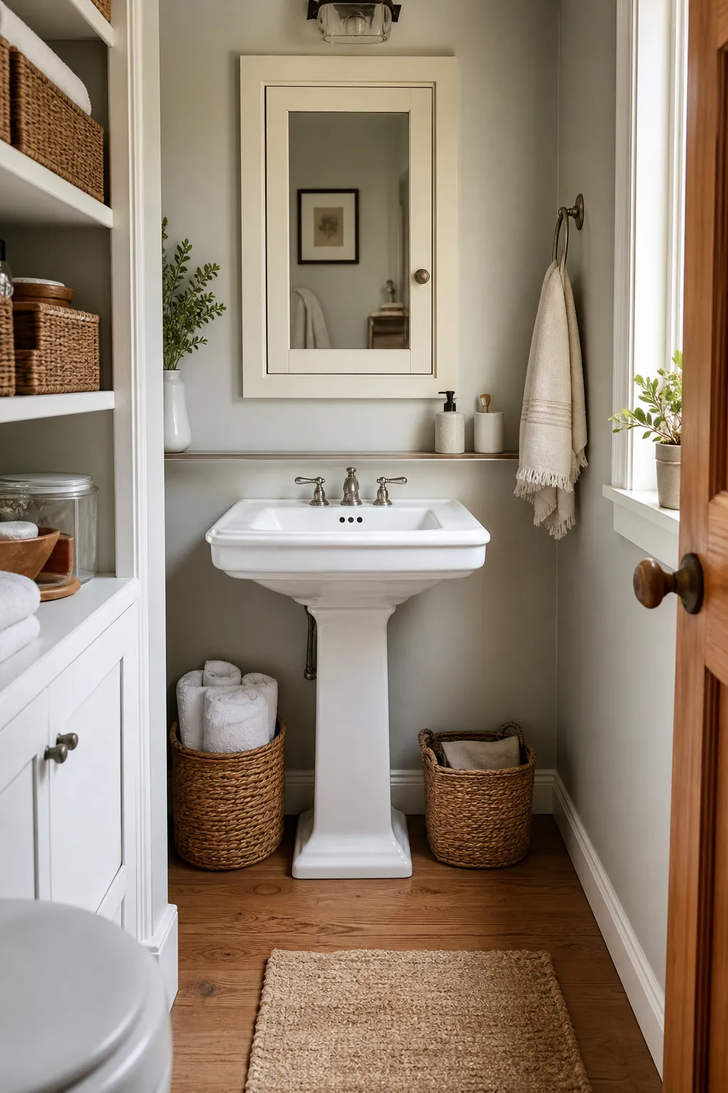Tiny bathroom with a pedestal sink, wall storage, baskets, and calm compact decor