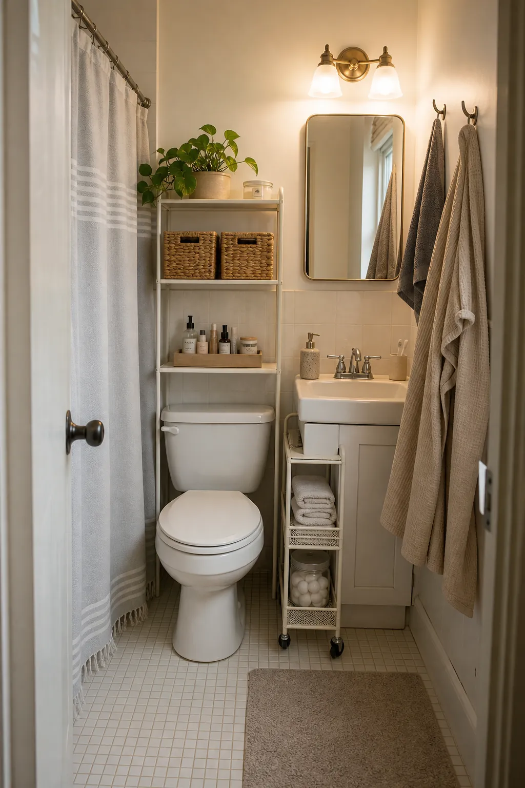 Tiny rental bathroom with renter friendly storage, baskets, hooks, and over toilet shelving