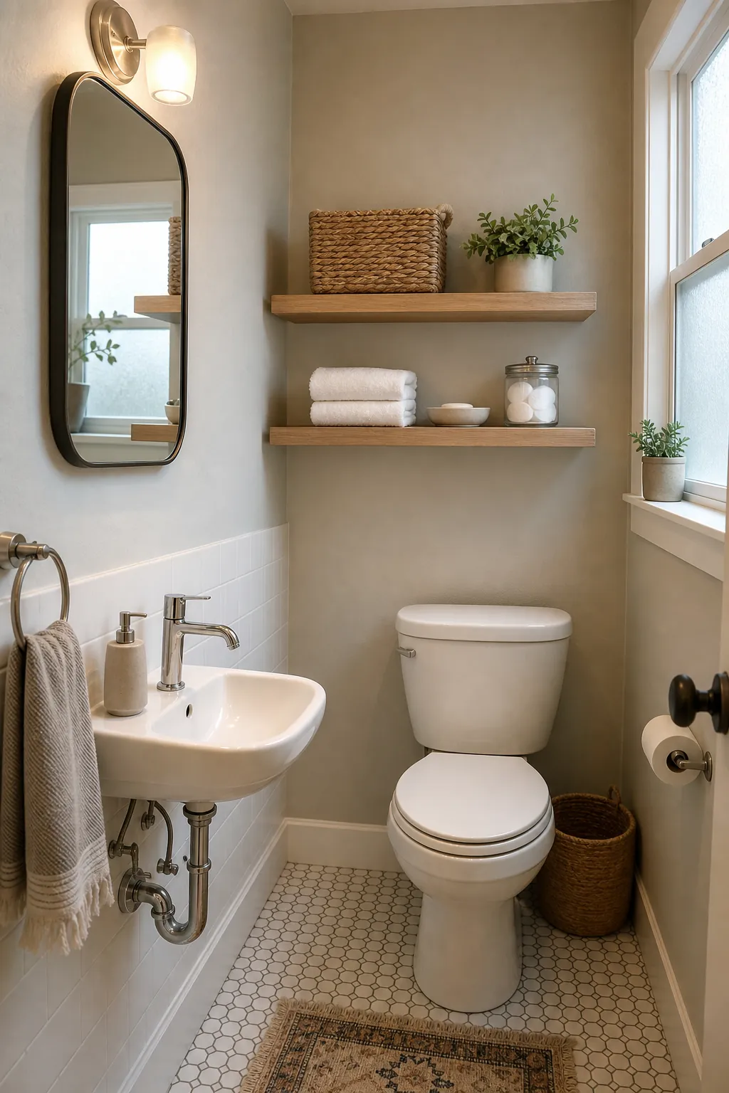 Tiny bathroom shelves styled with baskets, towels, and calm clutter free storage