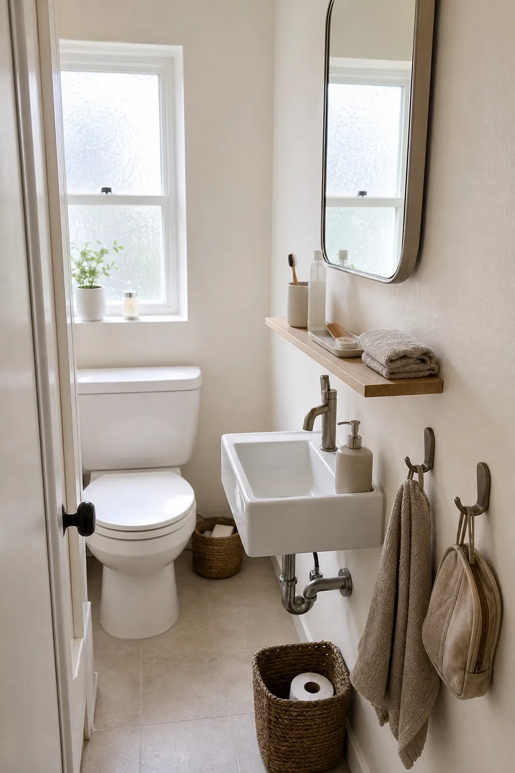 Tiny bathroom storage without cabinets using shelves hooks baskets and a slim cart