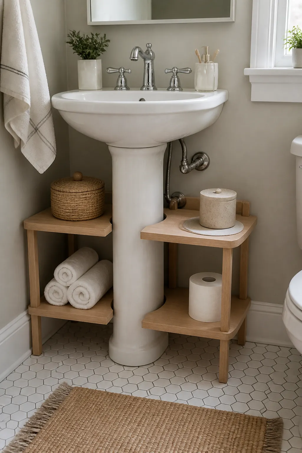 Pedestal sink storage shelf wrapping around the base in a compact bathroom