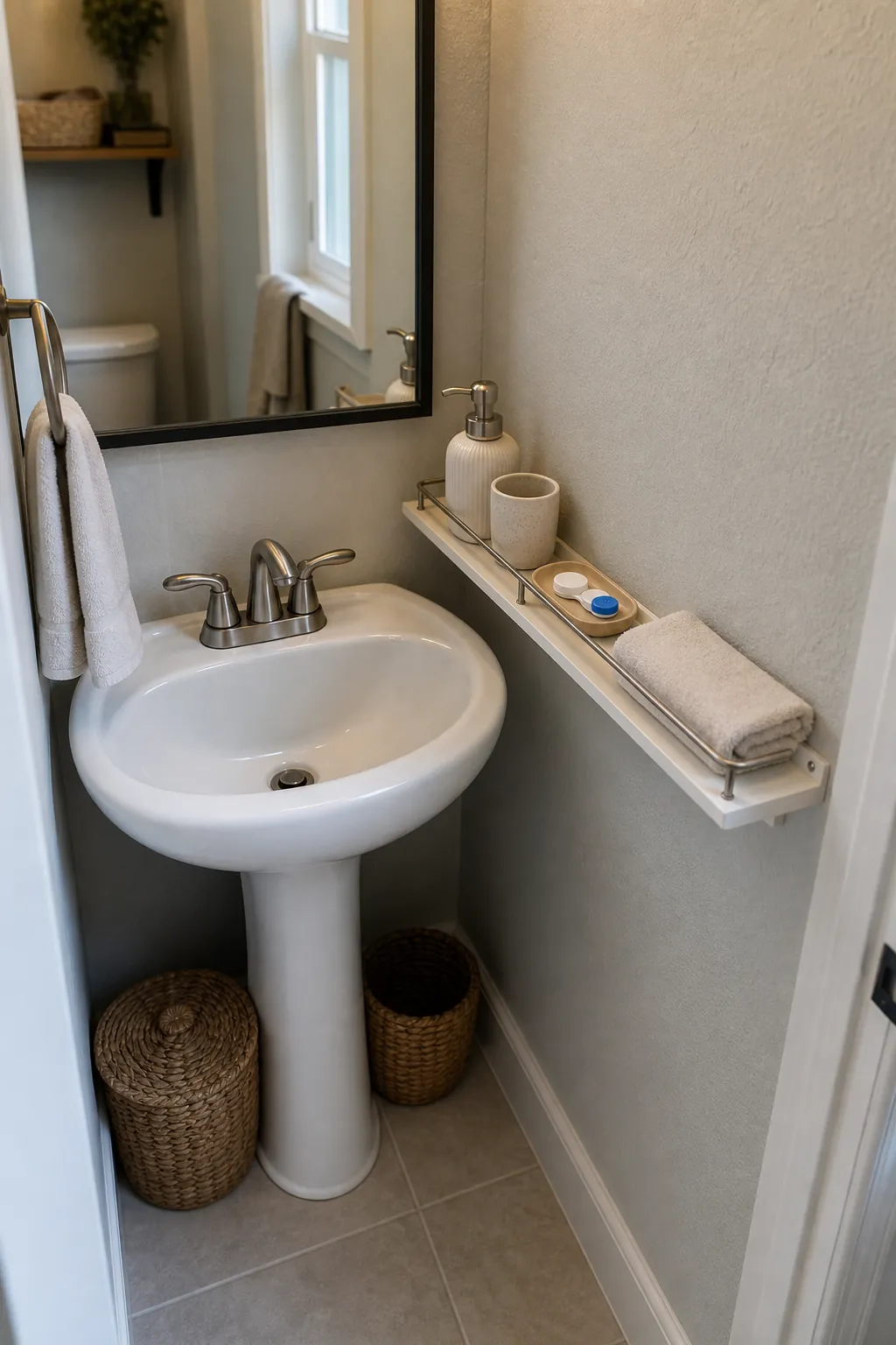 Tiny bathroom pedestal sink with a narrow wall ledge for daily storage