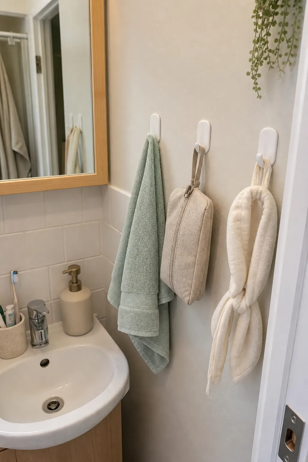No drill wall hooks holding towels and daily bathroom items in a tiny rental bathroom