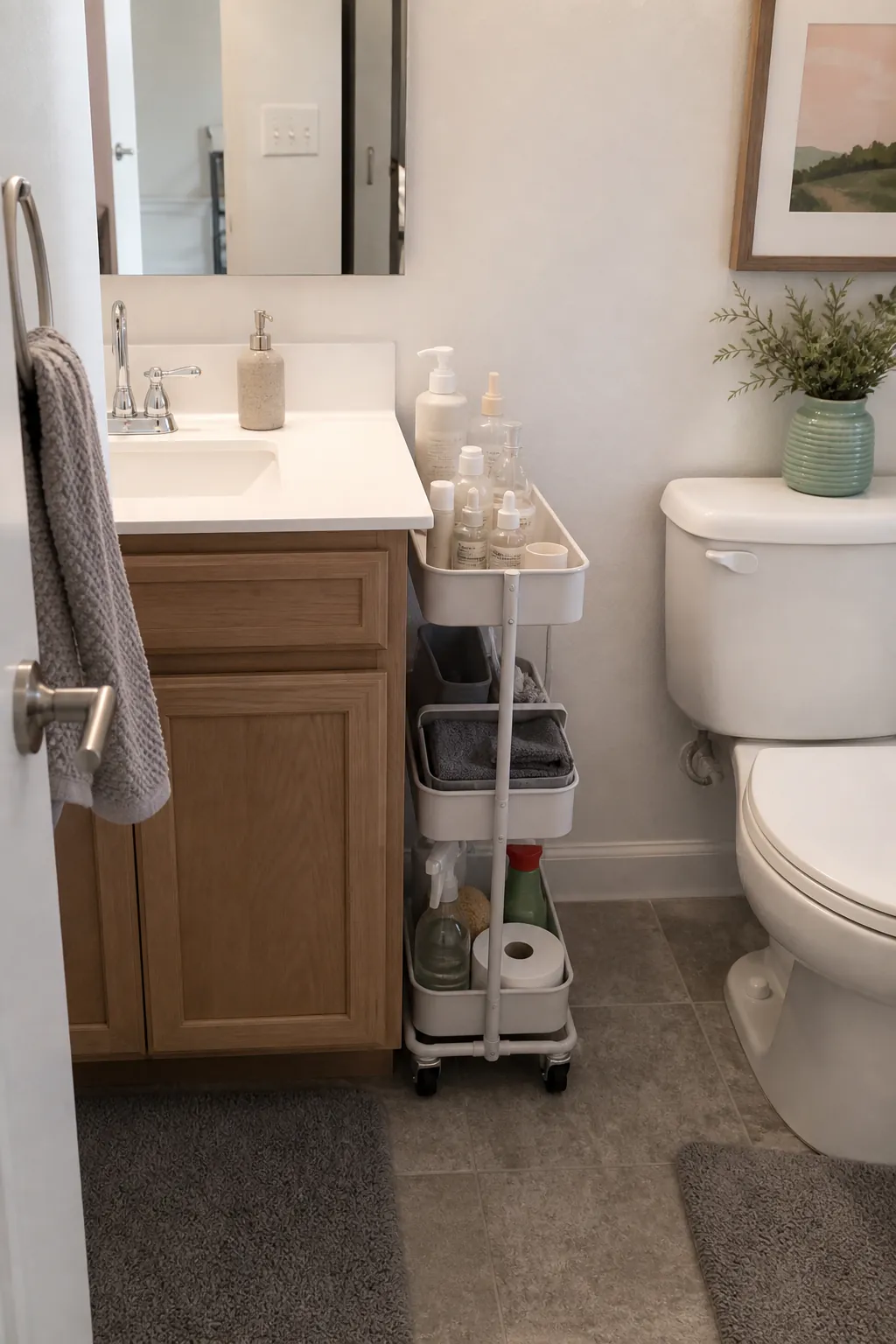 Slim rolling cart beside a small bathroom sink for renter friendly storage