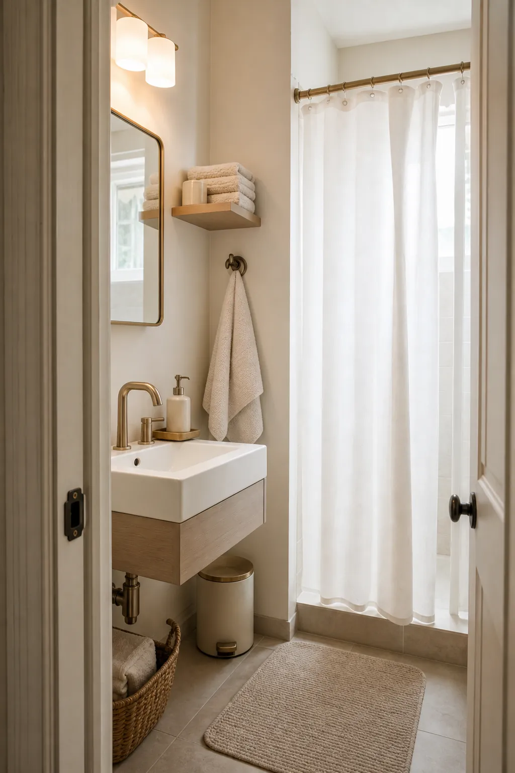 Designed tiny bathroom with warm lighting, slim mirror, simple shelves, and polished decor
