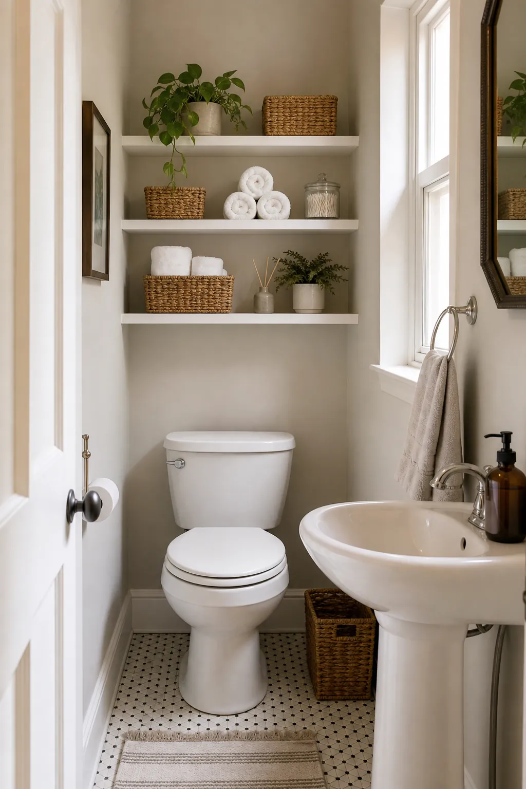 Over toilet bathroom shelves adding storage in a tiny pedestal sink bathroom