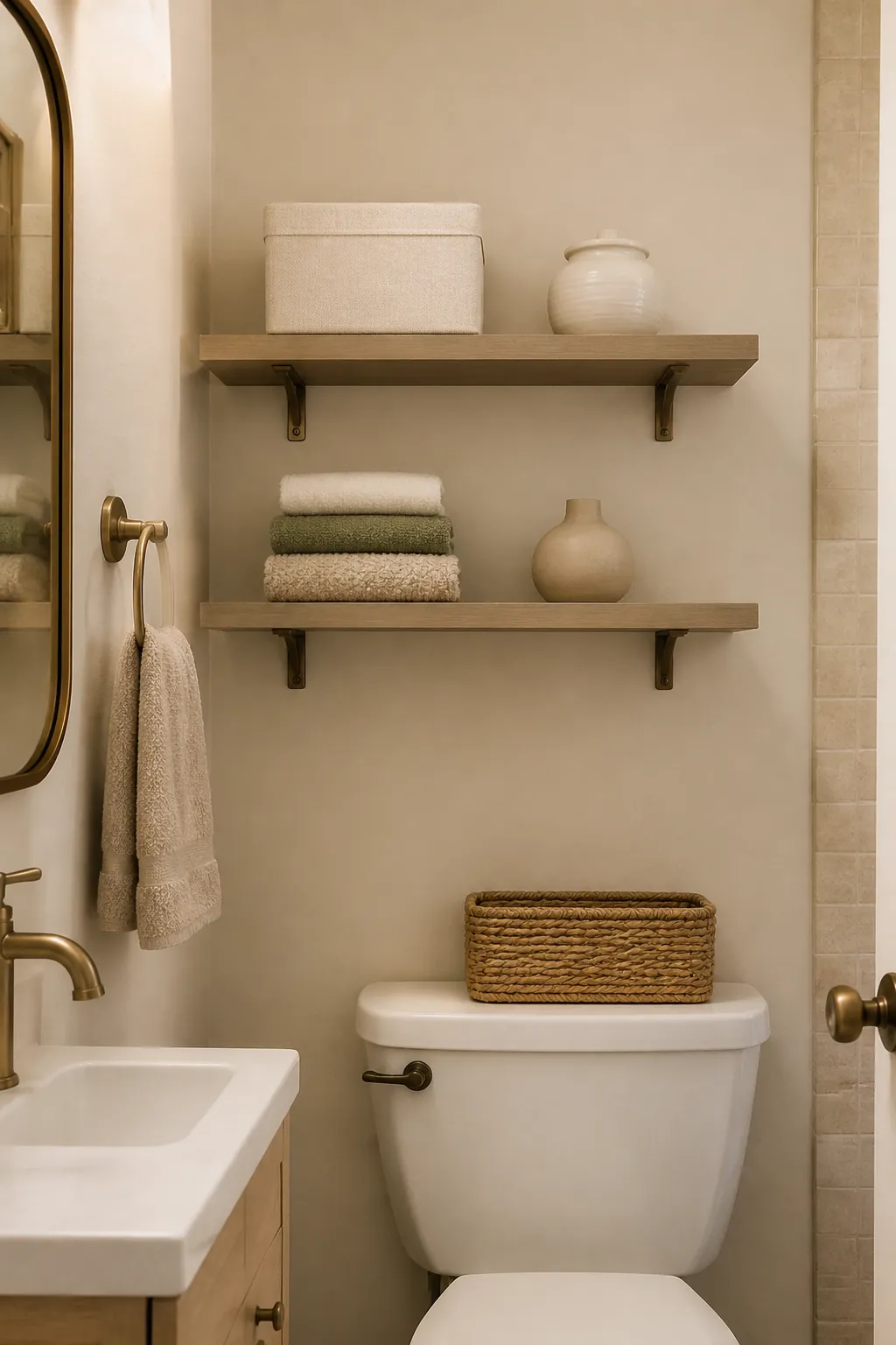 Tiny bathroom shelf arrangement with aligned shelves, closed storage, and minimal styling