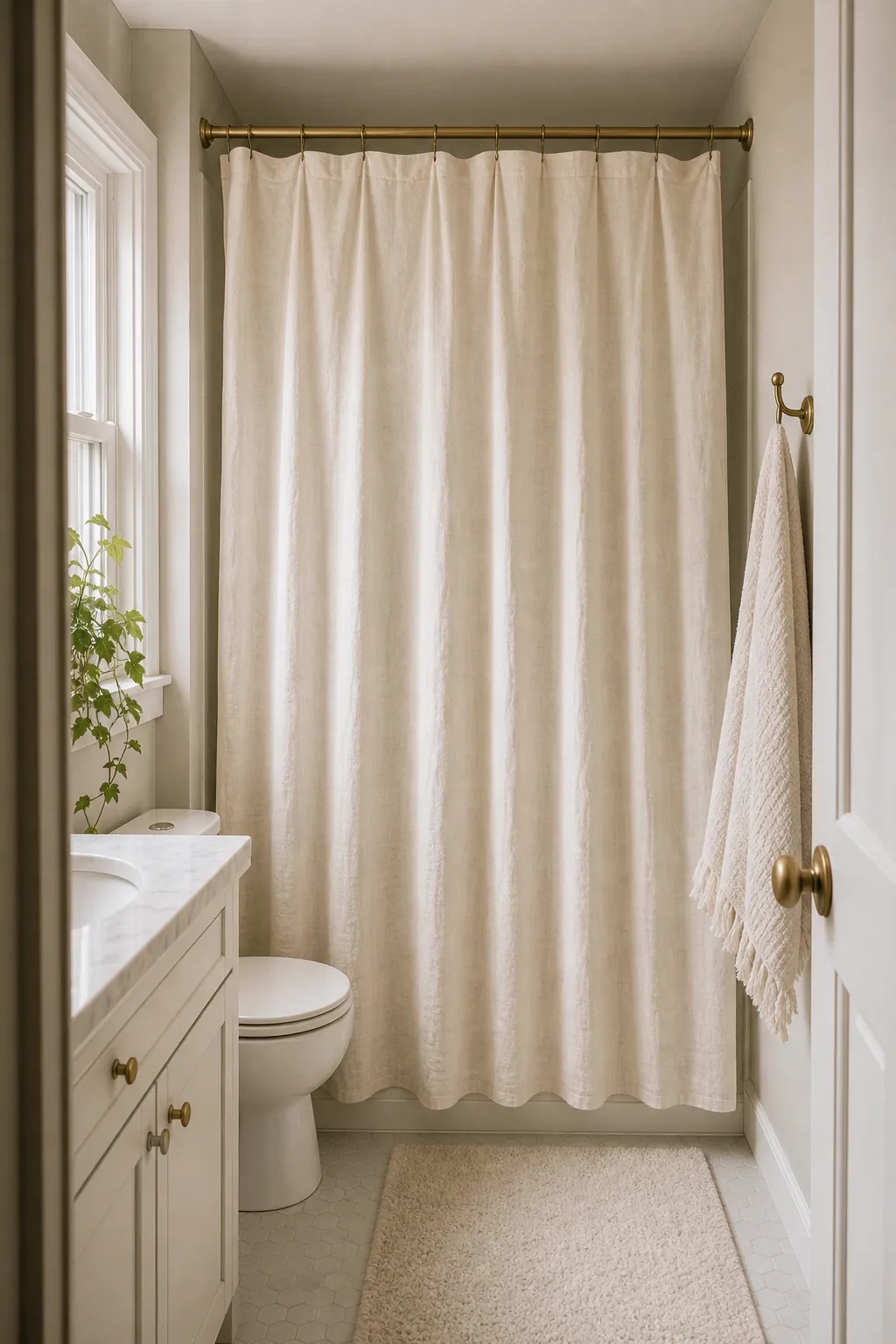 Tiny bathroom with a high shower curtain rod and floor length linen shower curtain