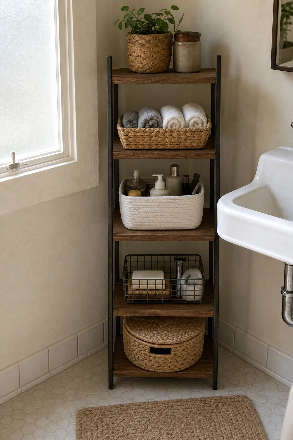 Bathroom shelves organized by category with towels toiletries and open space