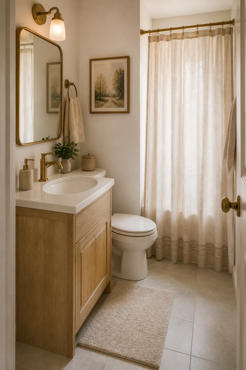 Small bathroom decor with a controlled warm neutral palette and coordinated towels