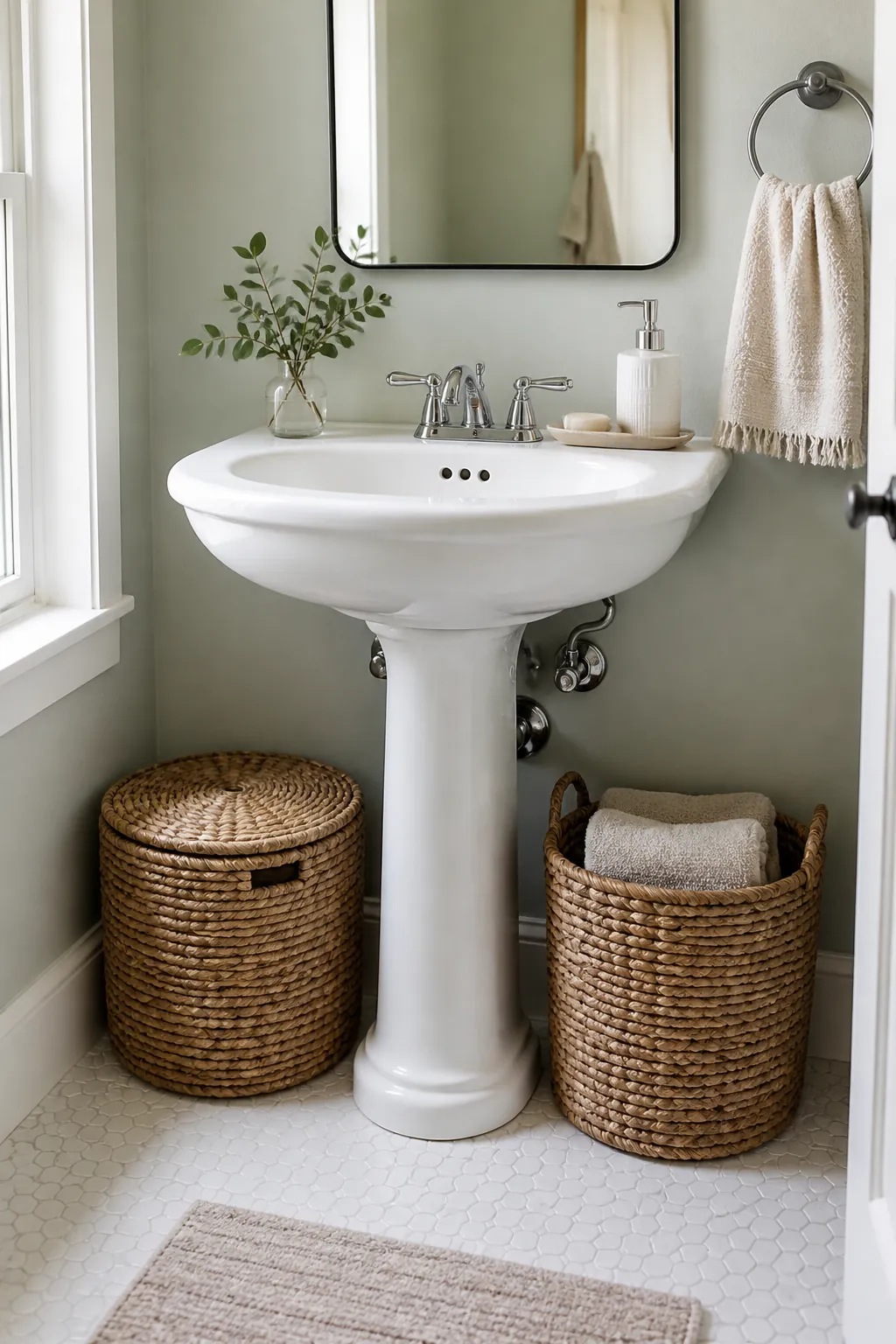 Woven bathroom baskets under a pedestal sink for compact bathroom storage