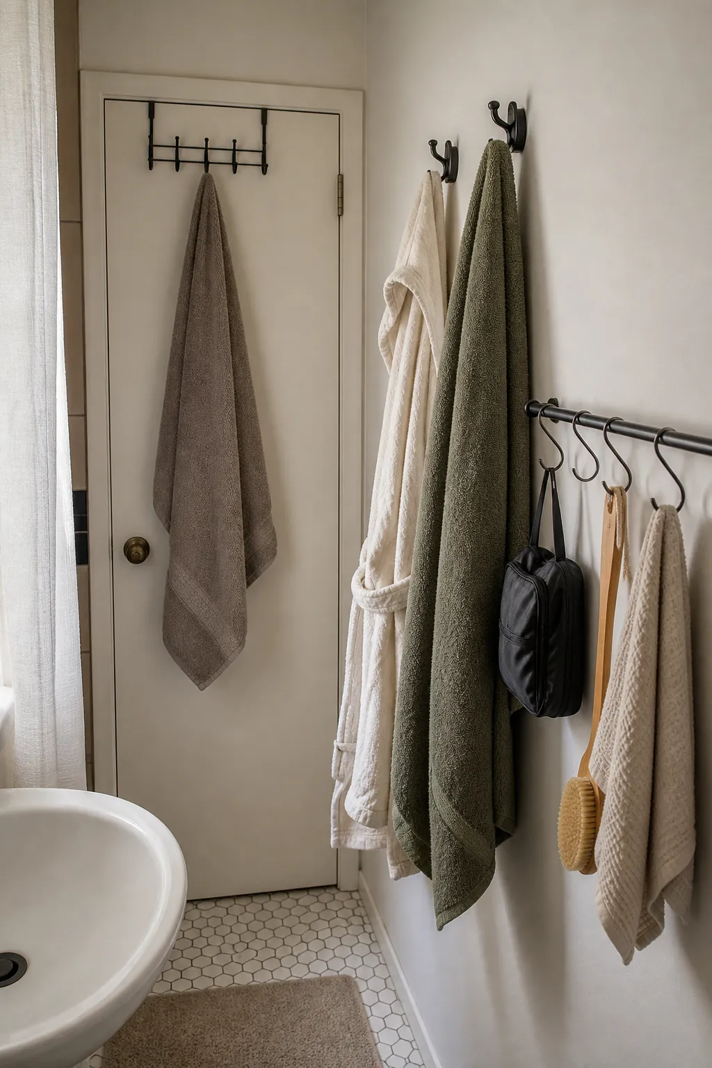 Basket storage on open shelves for small bathroom organization without cabinets