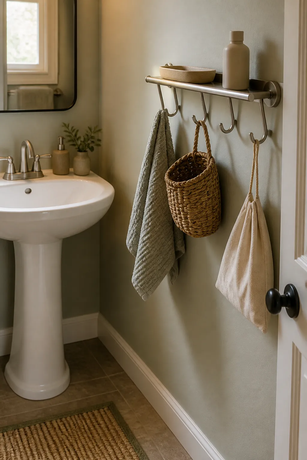 Side wall hooks and hanging baskets near a pedestal sink in a compact bathroom