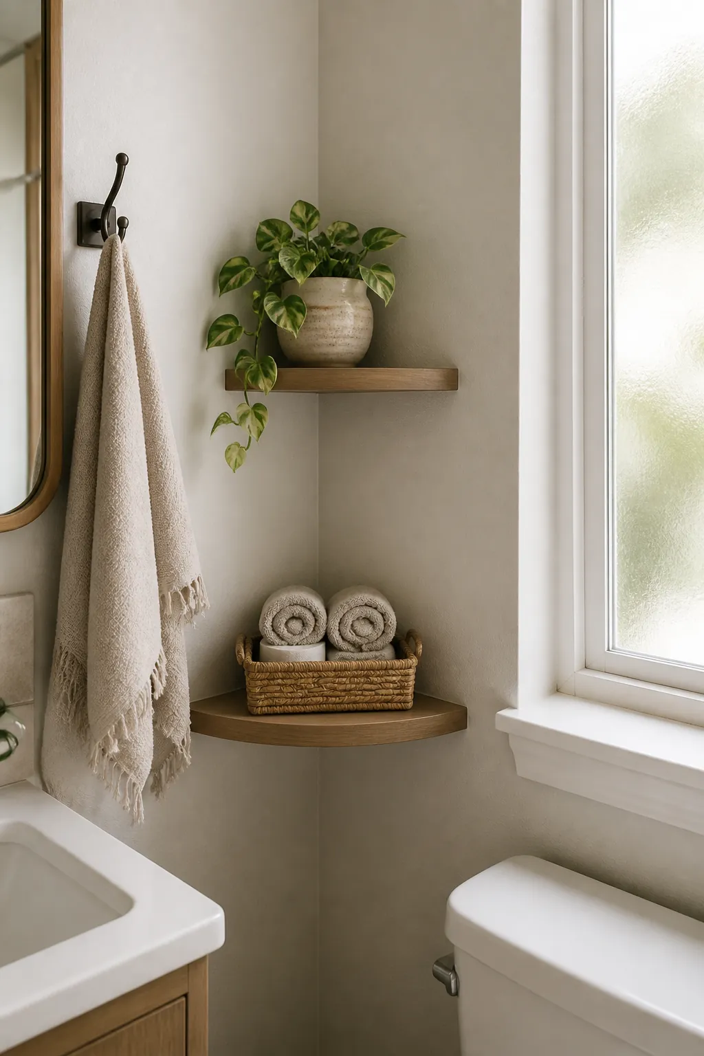 Tiny bathroom corner shelf with rolled towels and a small basket used as restrained storage