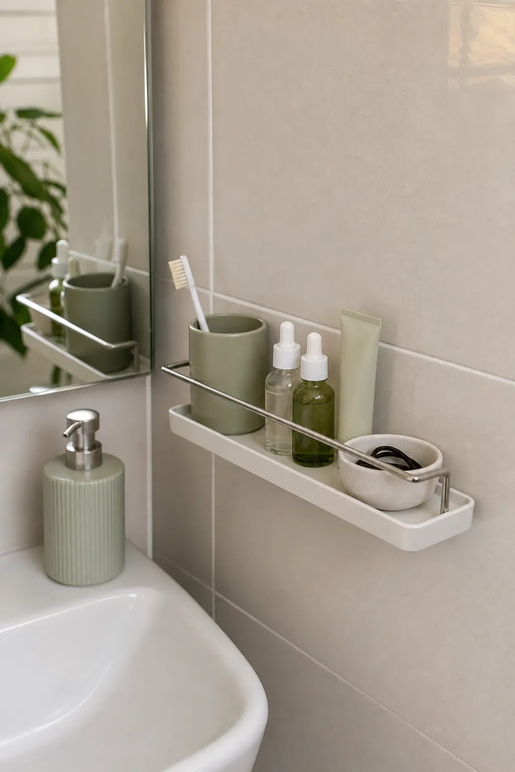 Adhesive spice rack used as small bathroom storage for skincare in a rental