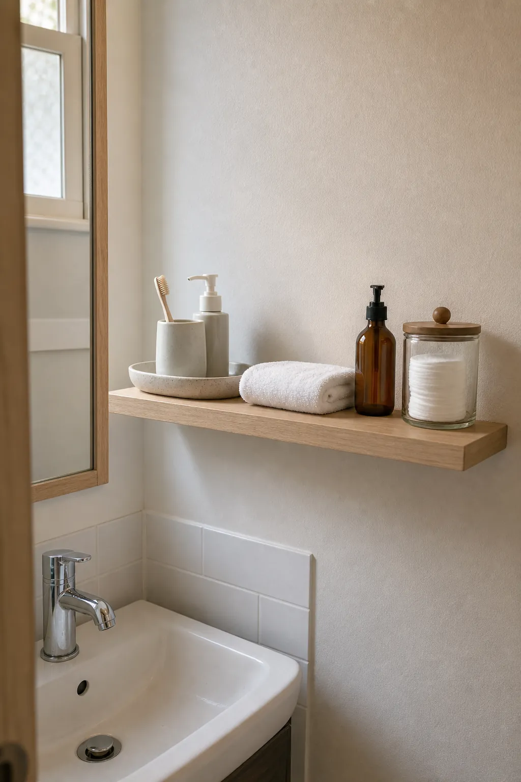 Bathroom shelf styling with a folded towel, soap dish, small plant, and hidden storage behind it