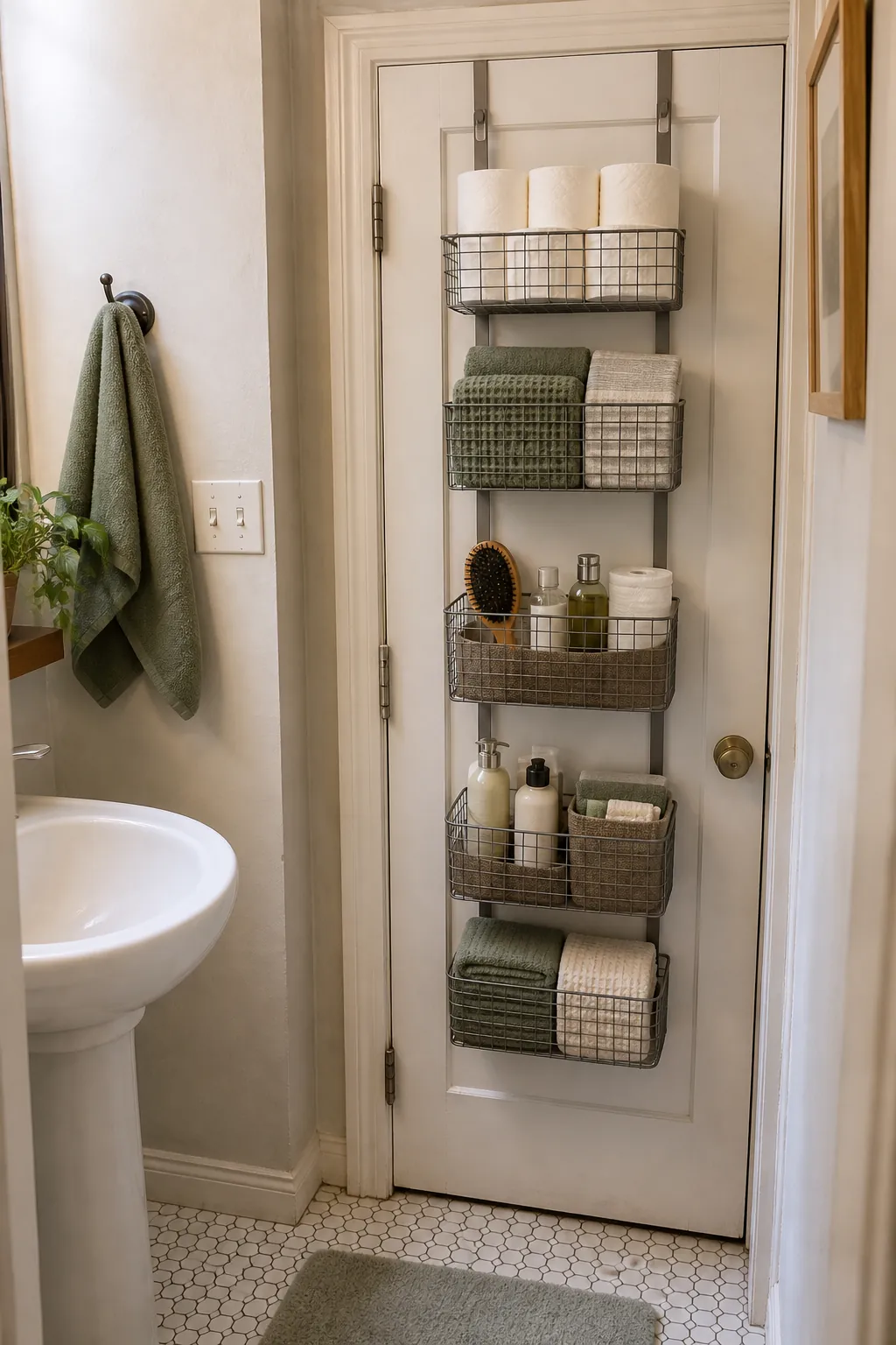 Over door organizer holding extra toiletries in a small rental bathroom