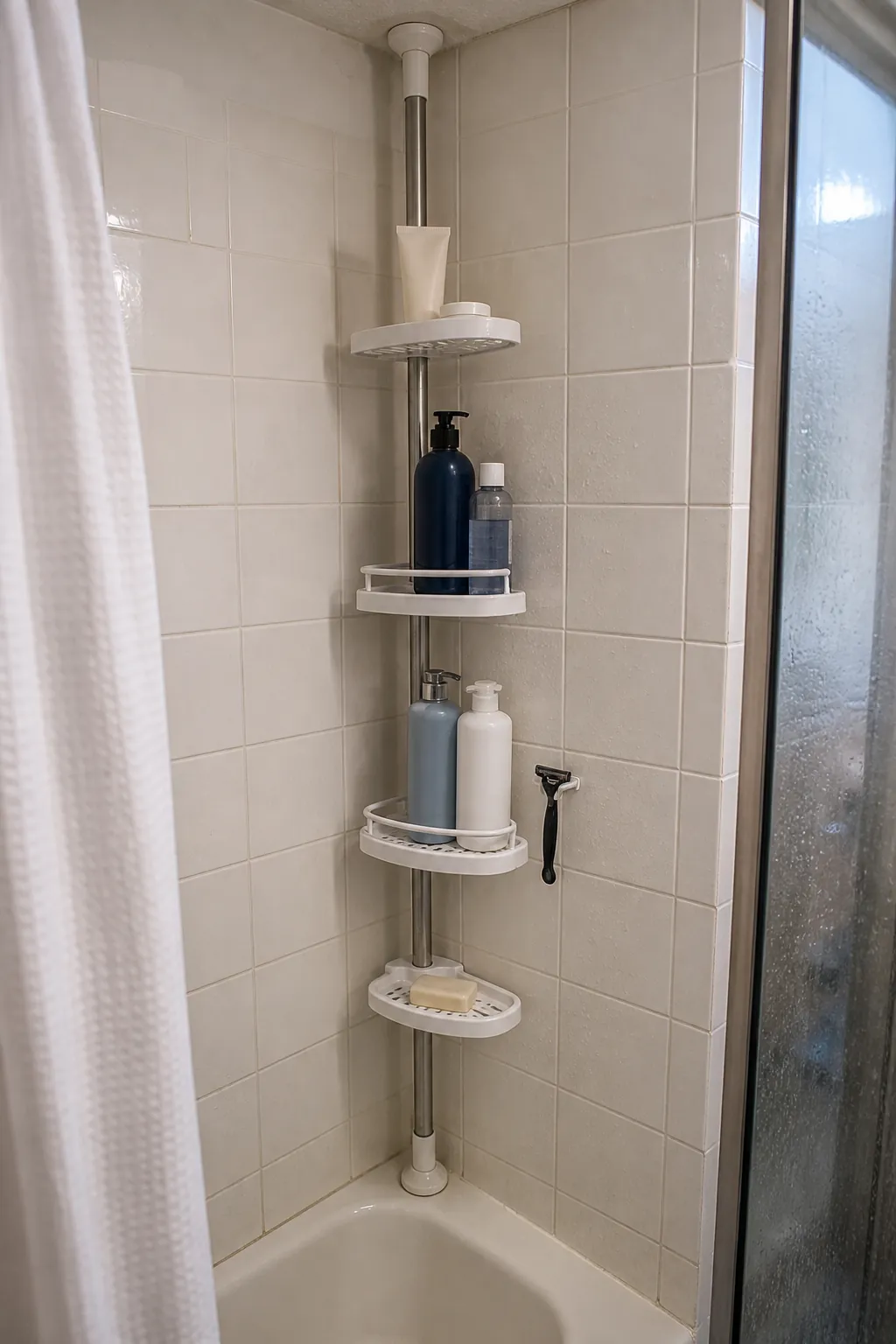 Tension shower caddy adding no drill storage in a tiny rental bathroom