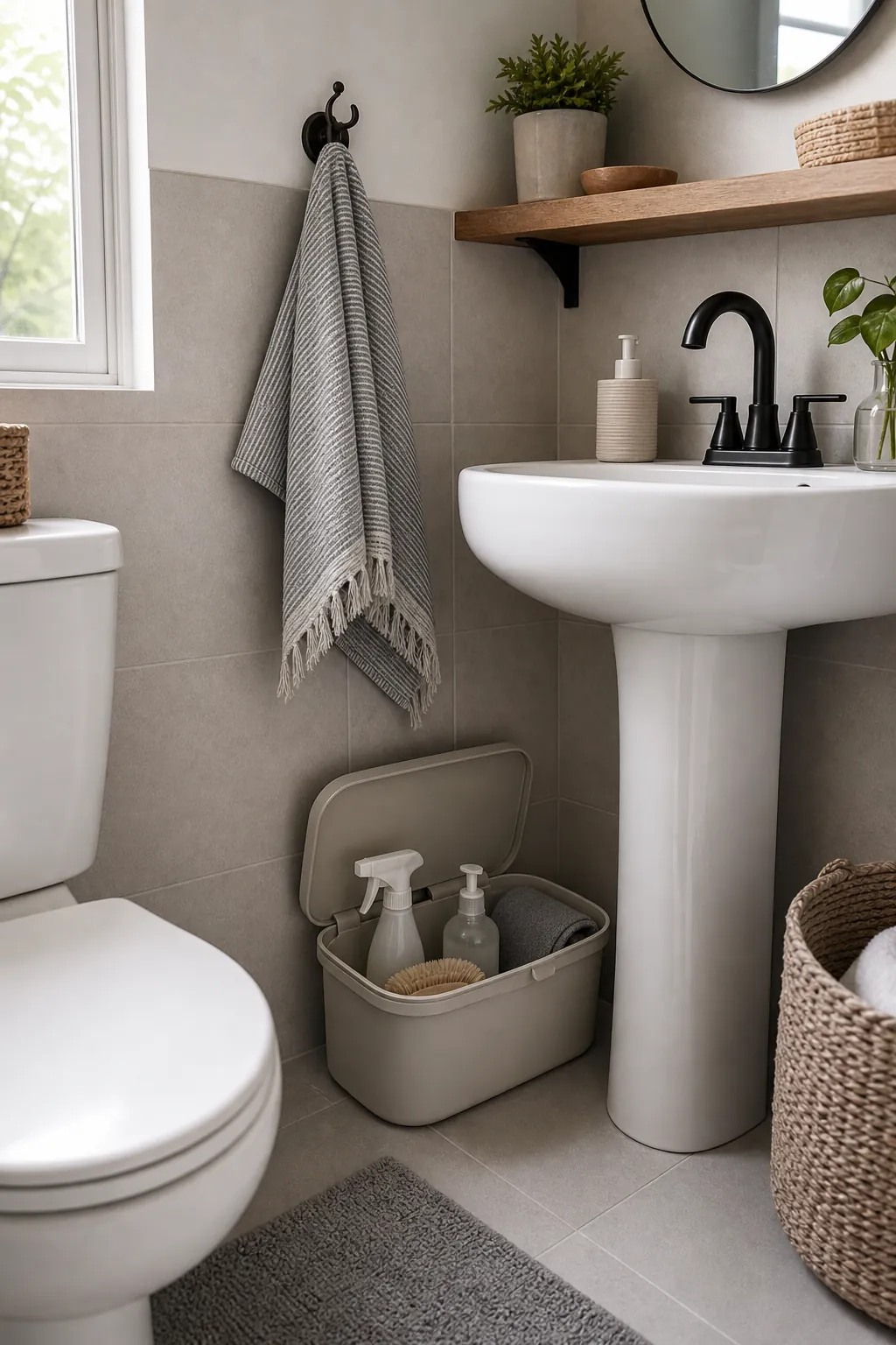 Slim rolling cart used for no cabinet storage beside a tiny bathroom sink