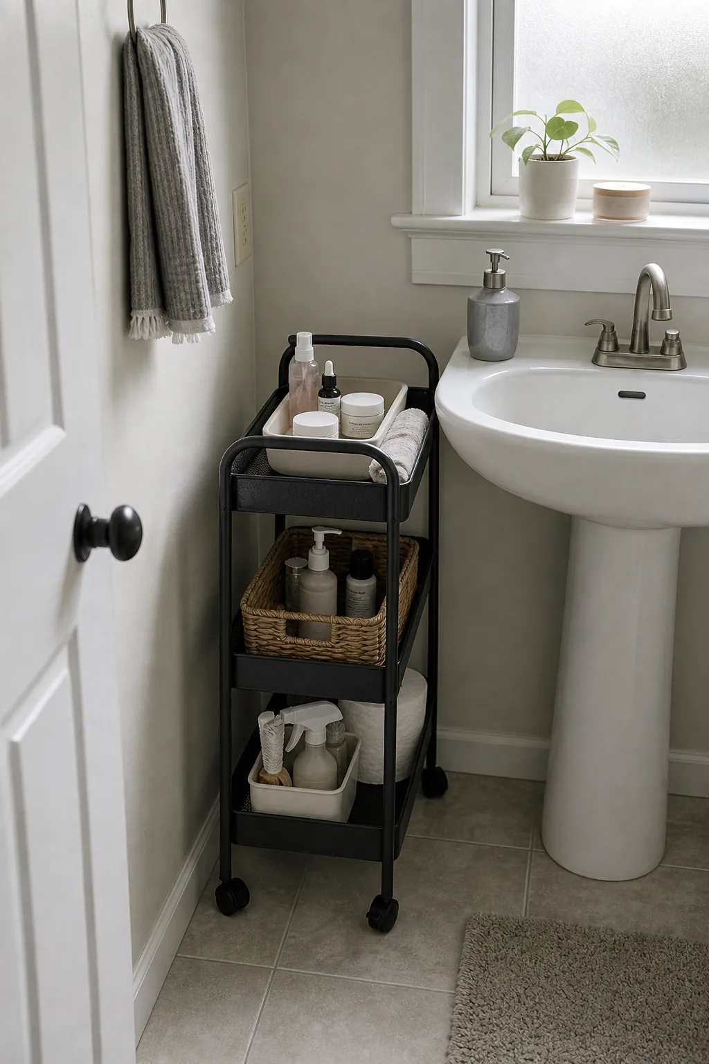 Bathroom hooks and rail storage for towels and toiletry pouches in a tiny bathroom