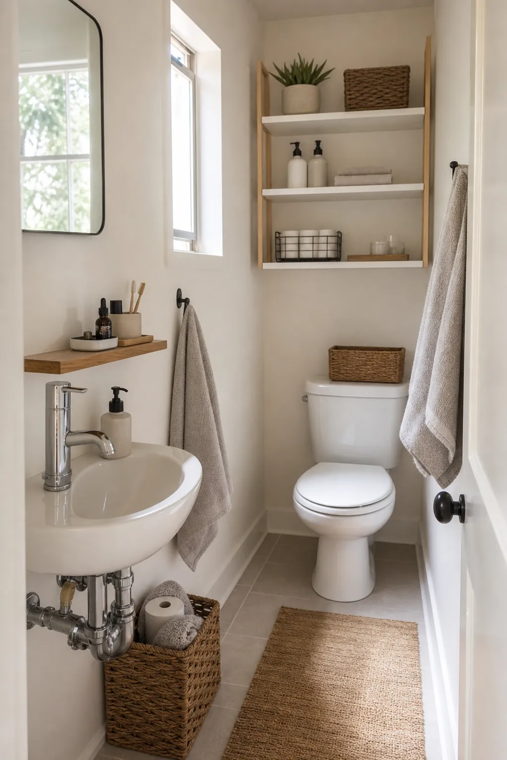 Low cleaning caddy tucked beside a tiny bathroom sink without cabinets