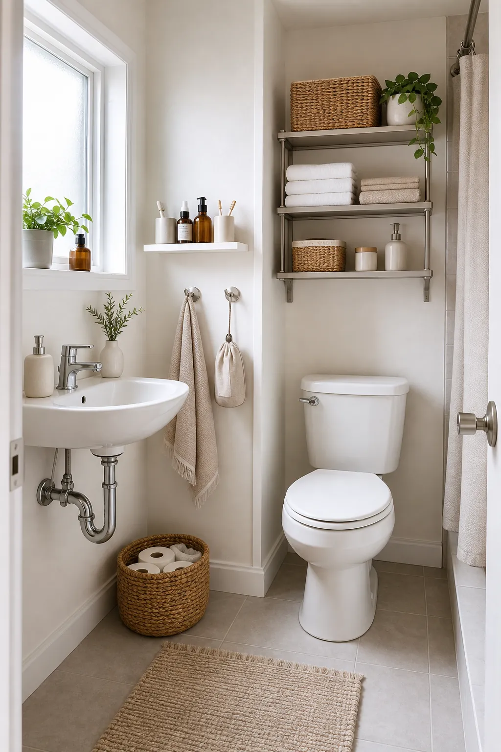 Organized tiny bathroom reset with clean shelves baskets and hooks