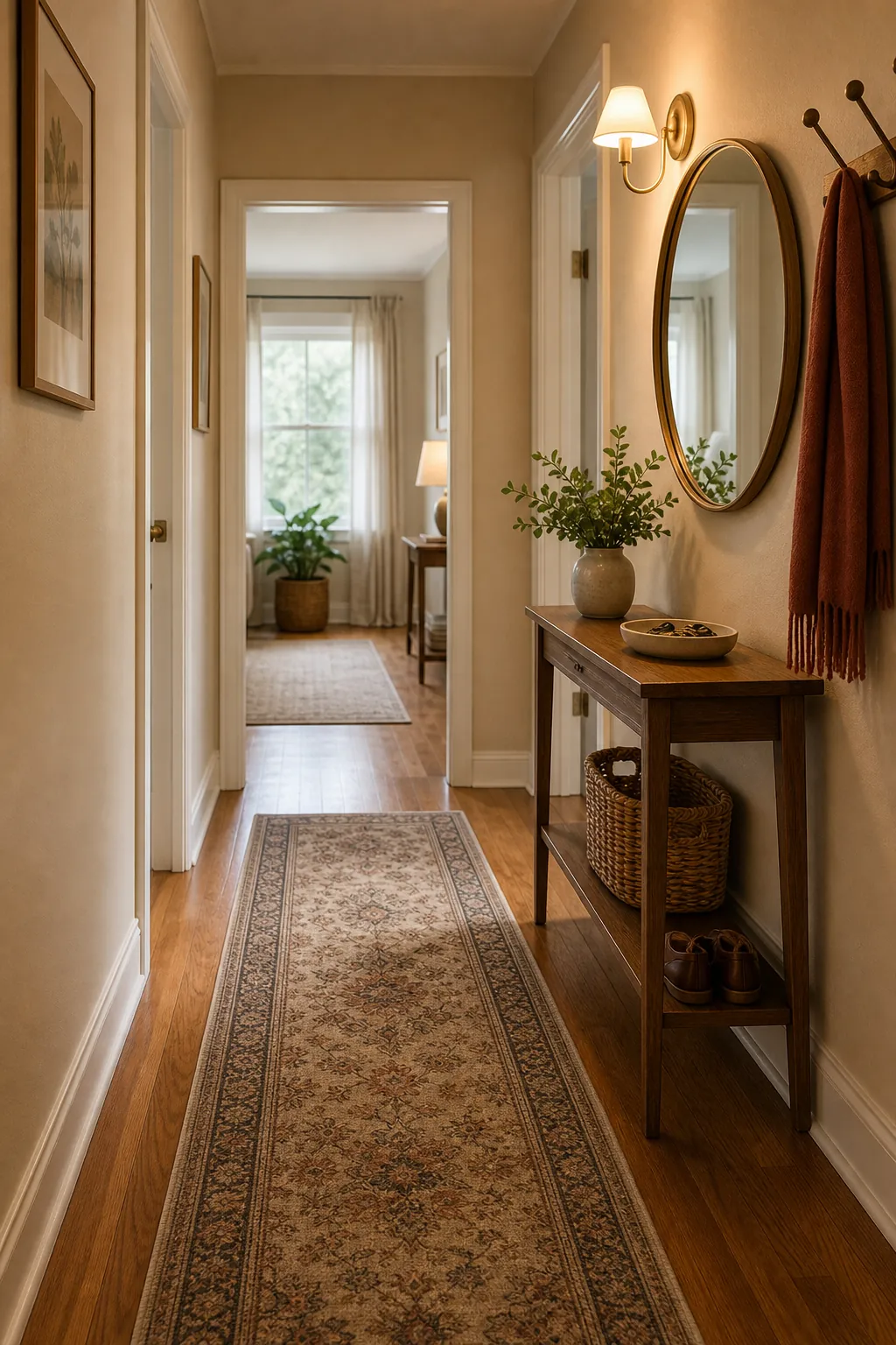 No renovation hallway makeover with runner rug mirror lighting and organized entryway decor