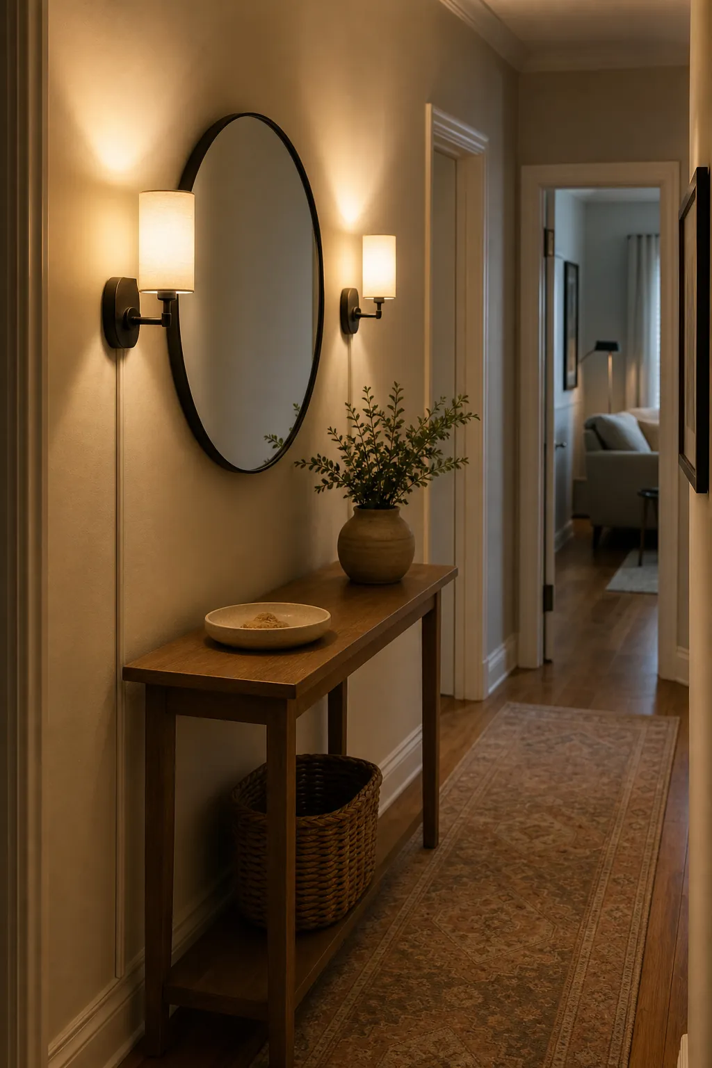 Rechargeable wall sconces adding warm light to a hallway without renovation