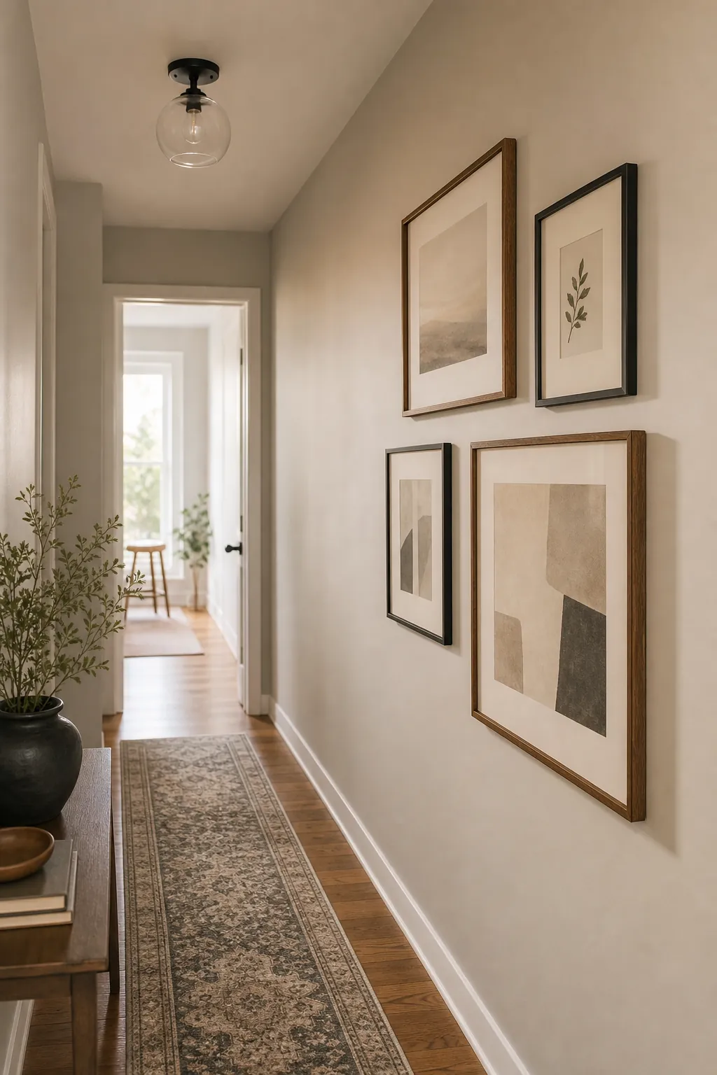 Simple gallery wall on one side of a hallway with warm neutral entryway decor