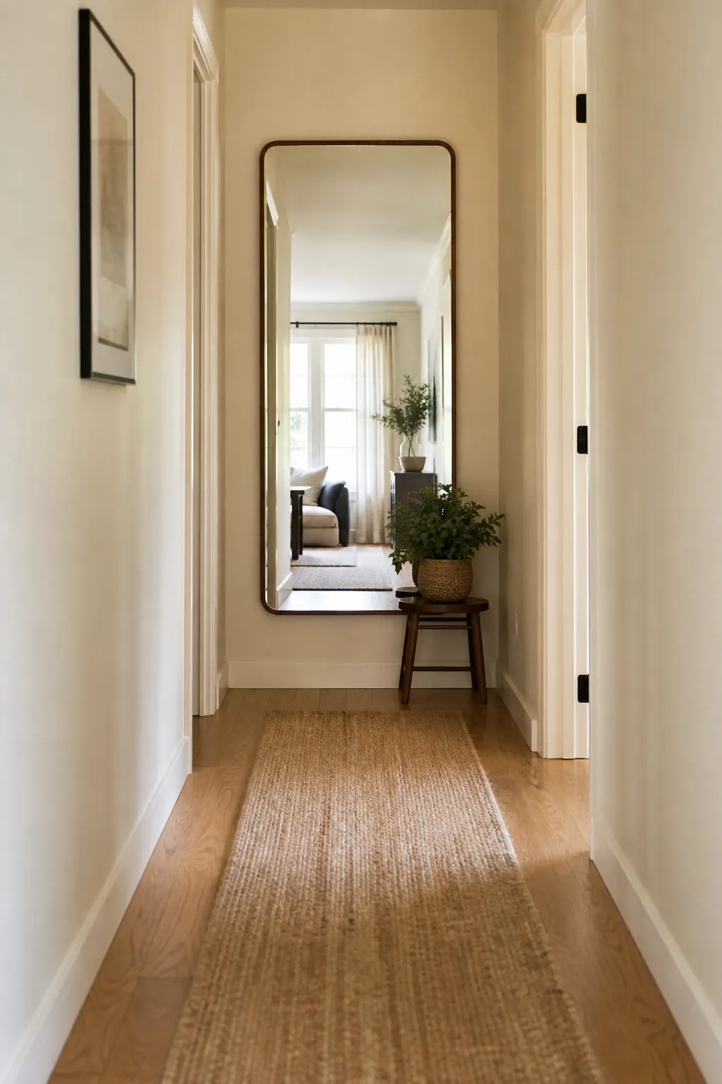 Large mirror at the end of a hallway creating a bright no renovation focal point