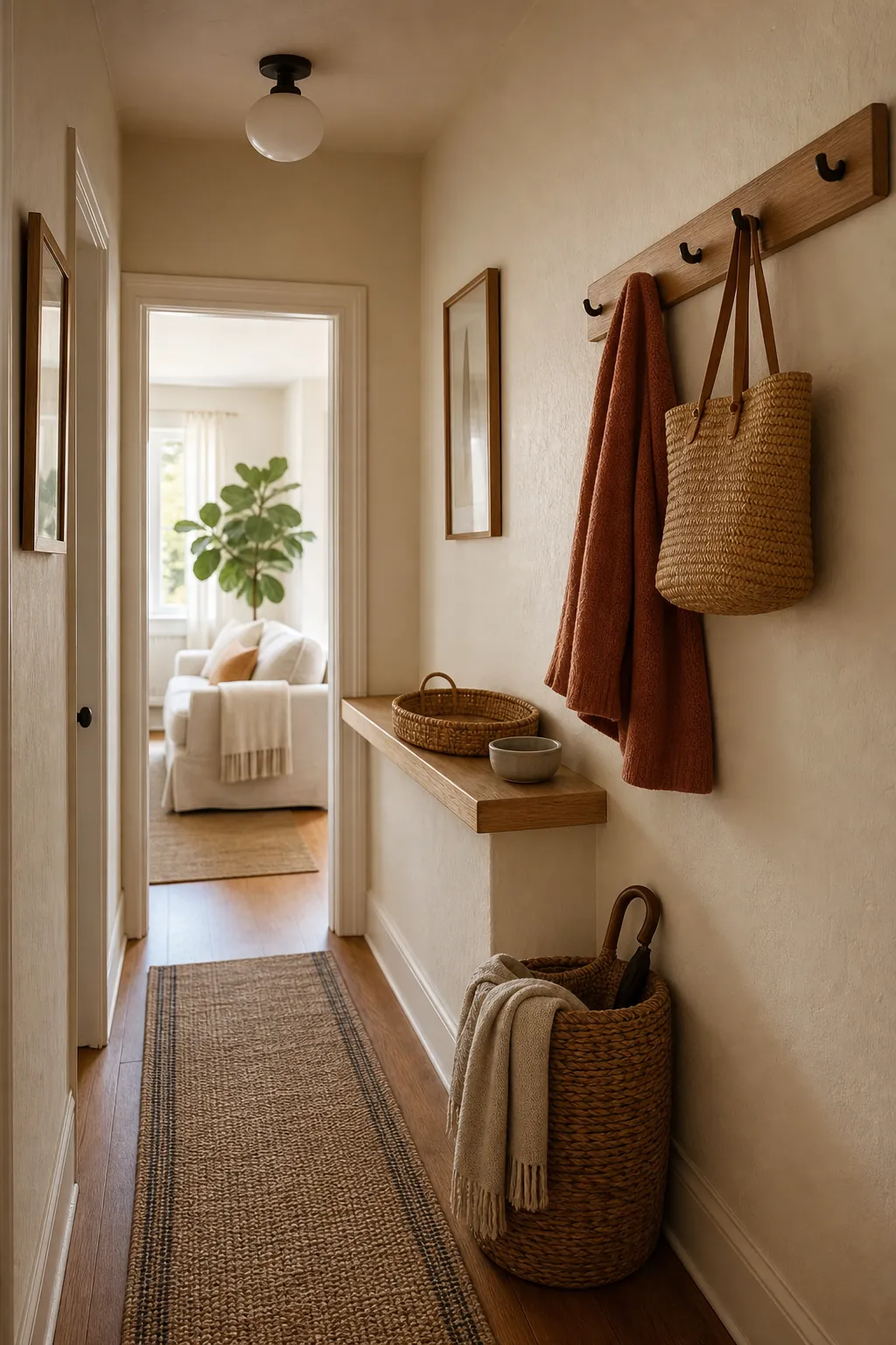 Natural textures and warm hallway decor with baskets hooks and a runner rug