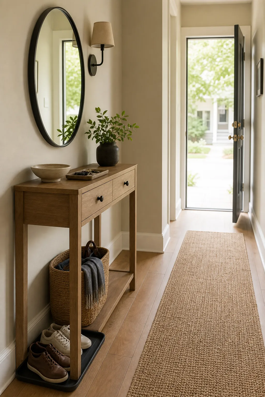 Slim console table with shoe storage and mirror for an organized entryway hallway