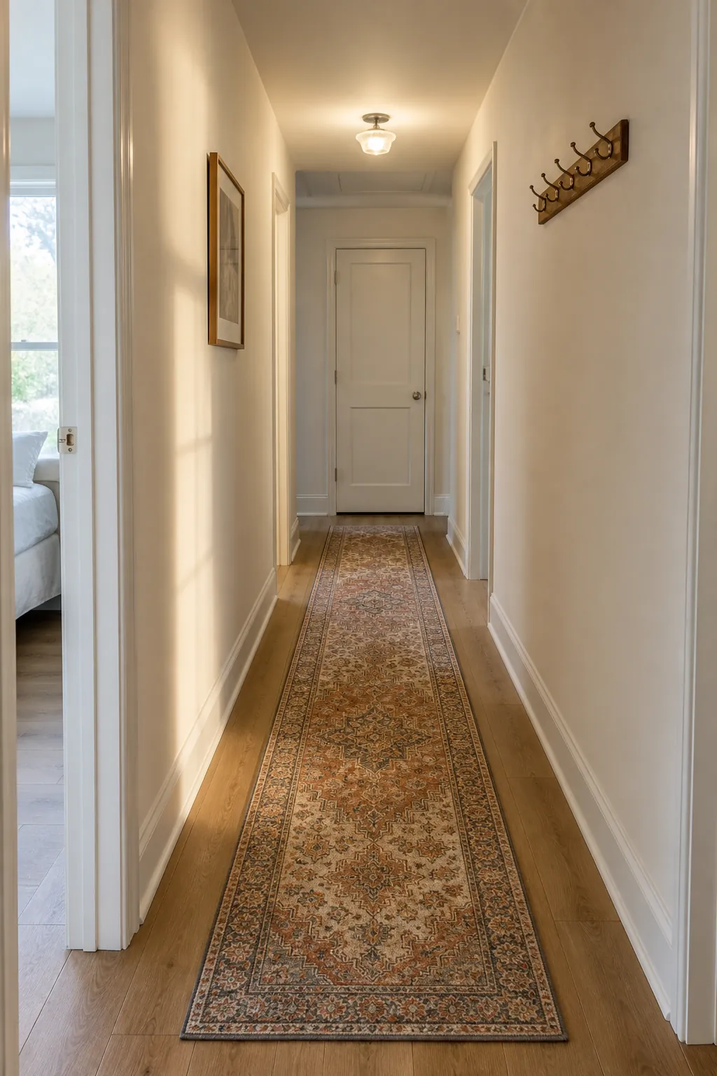 Centered runner rug in a narrow hallway for a no renovation hallway makeover