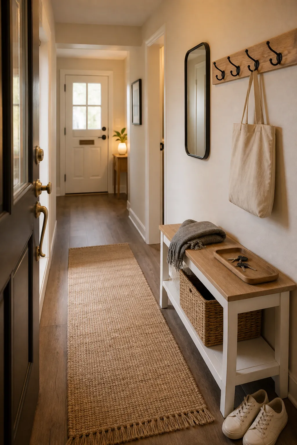 Organized entryway landing zone with hooks tray bench and runner rug