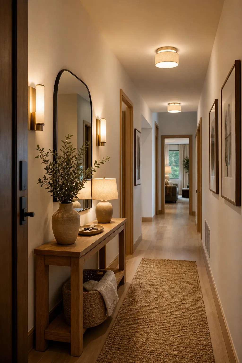 Warm hallway lighting ideas with sconces, ceiling lights, and natural entryway decor