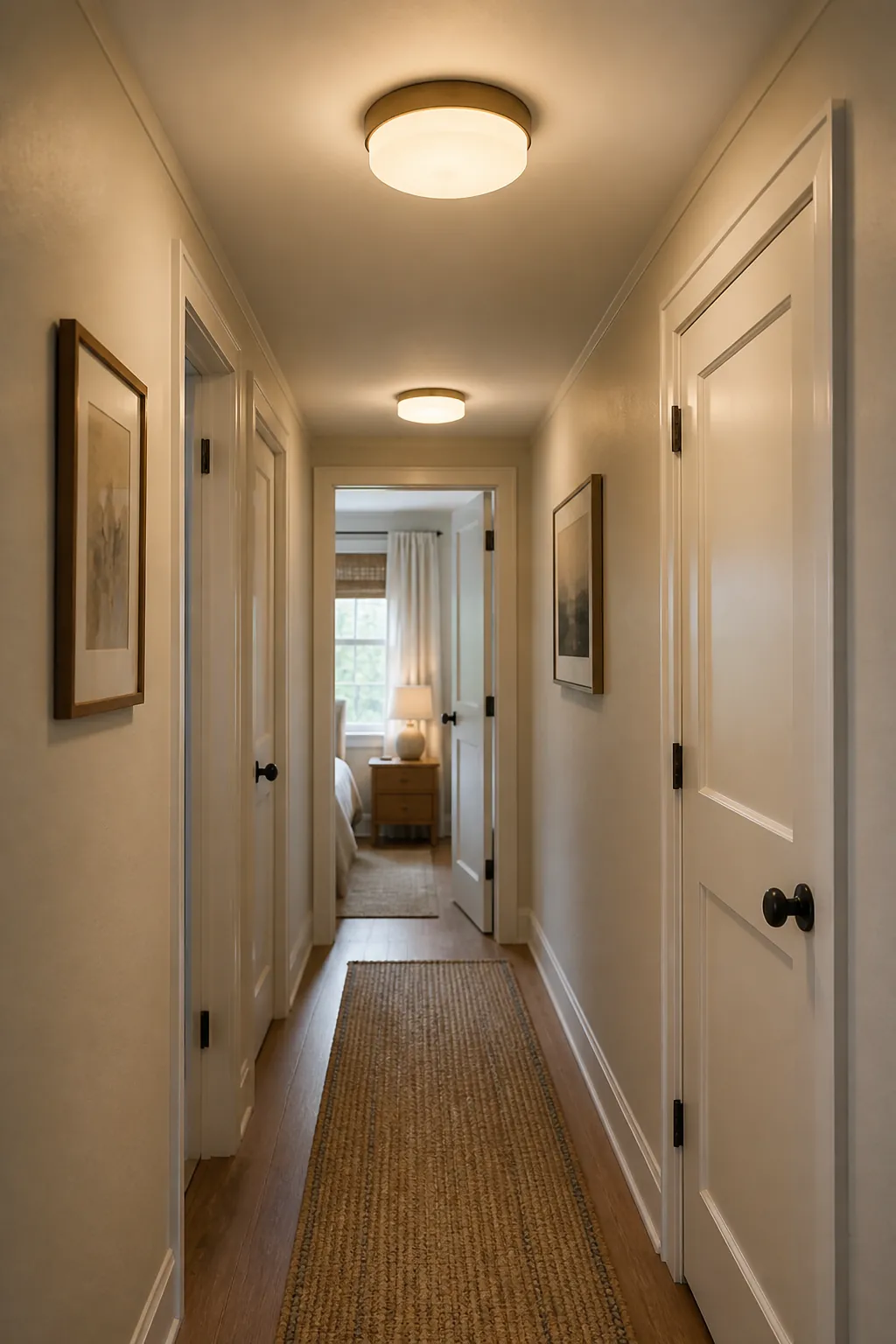 Low profile flush mount lighting in a small hallway