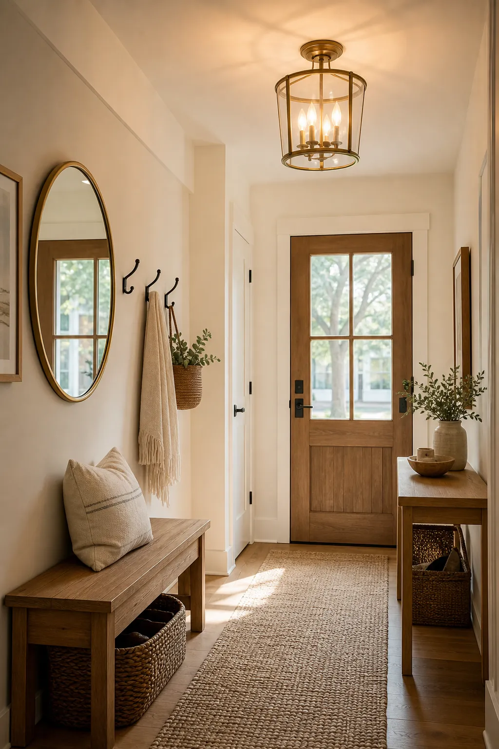 Warm entryway lighting with a statement fixture and natural decor