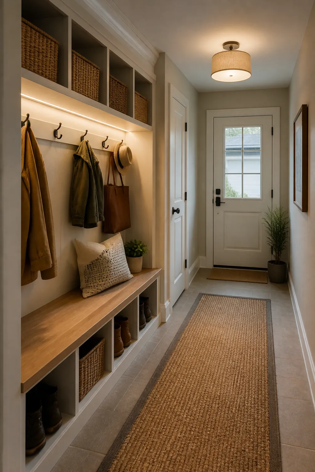 Mudroom hallway task lighting over storage hooks and bench