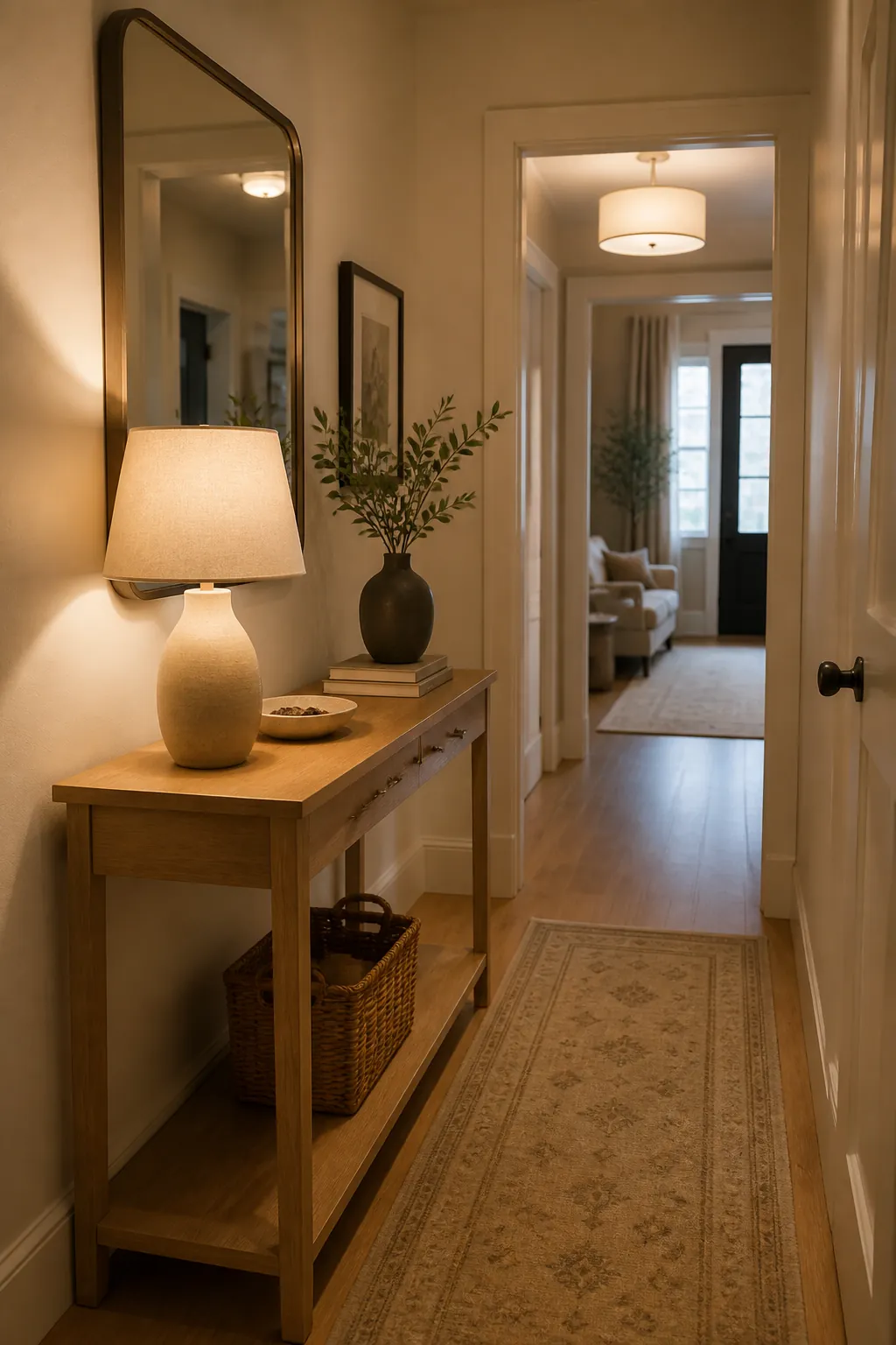 Hallway mirror and console lamp reflecting warm entryway light