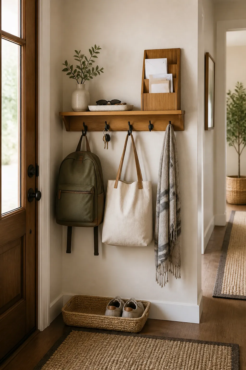 Wall mounted drop zone shelf with mail basket key tray hooks and organized bags